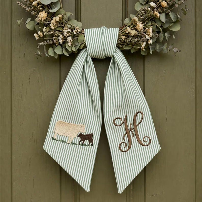 Personalized Cow Calf Gingham Wreath Sash, Embroidered Farmhouse Door Decor