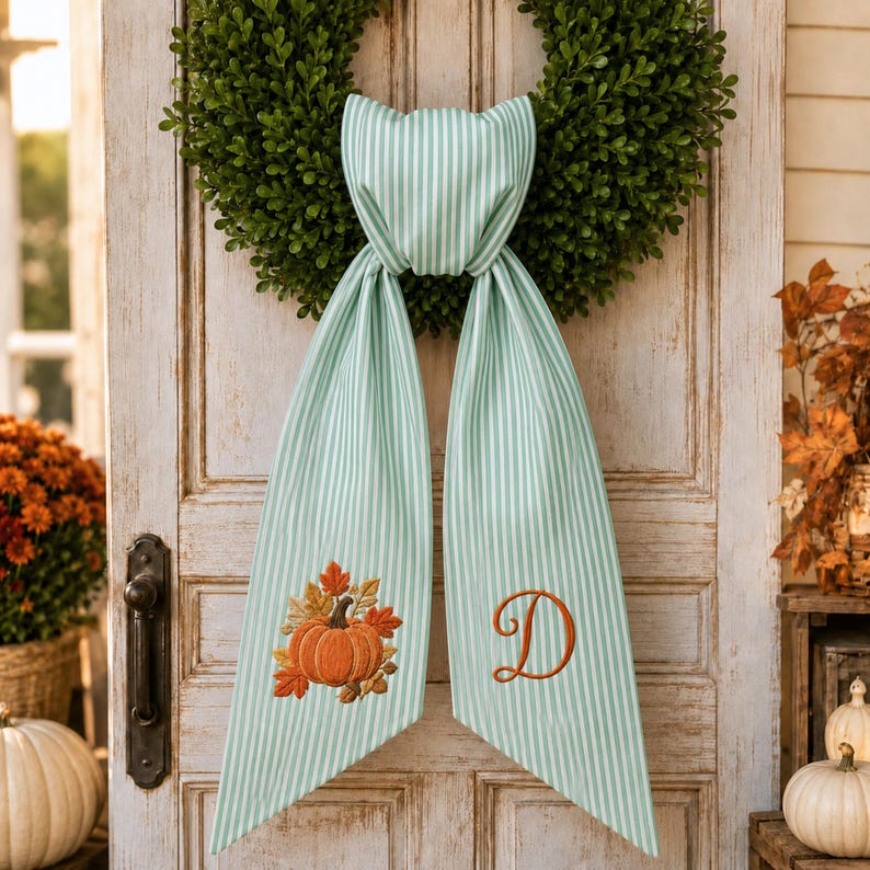 Personalized Pumpkin Wreath Sash, Embroidered Autumn Leaves Door Bow