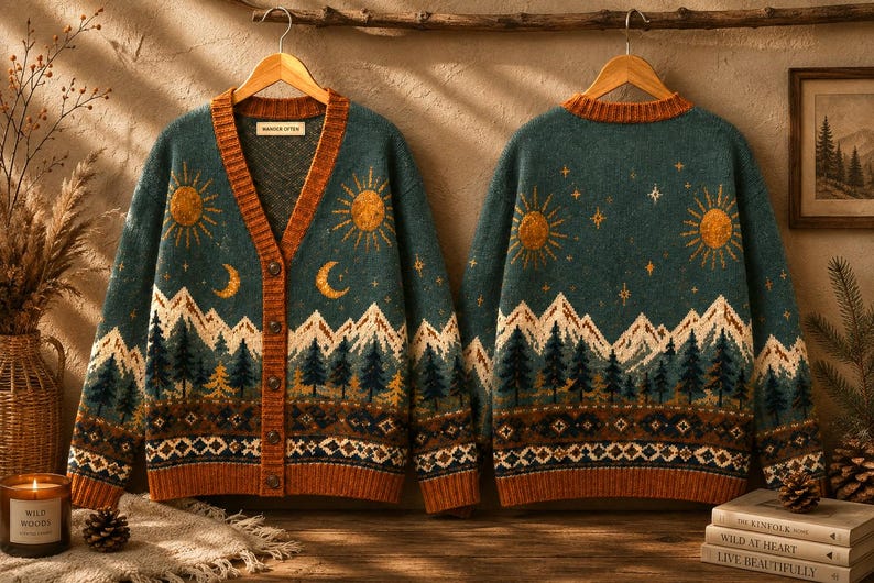 Adventure Knit Cardigan, Vintage Mountain Sweater, Boho Outdoor Cardigan, Cozy Nature Inspired Layer, Wanderer Style Unisex Gift