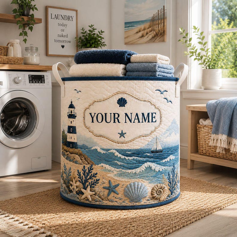 Personalized Nautical Quilt Laundry Basket, Custom Name Lighthouse Hamper, Coastal Ocean Storage Bin