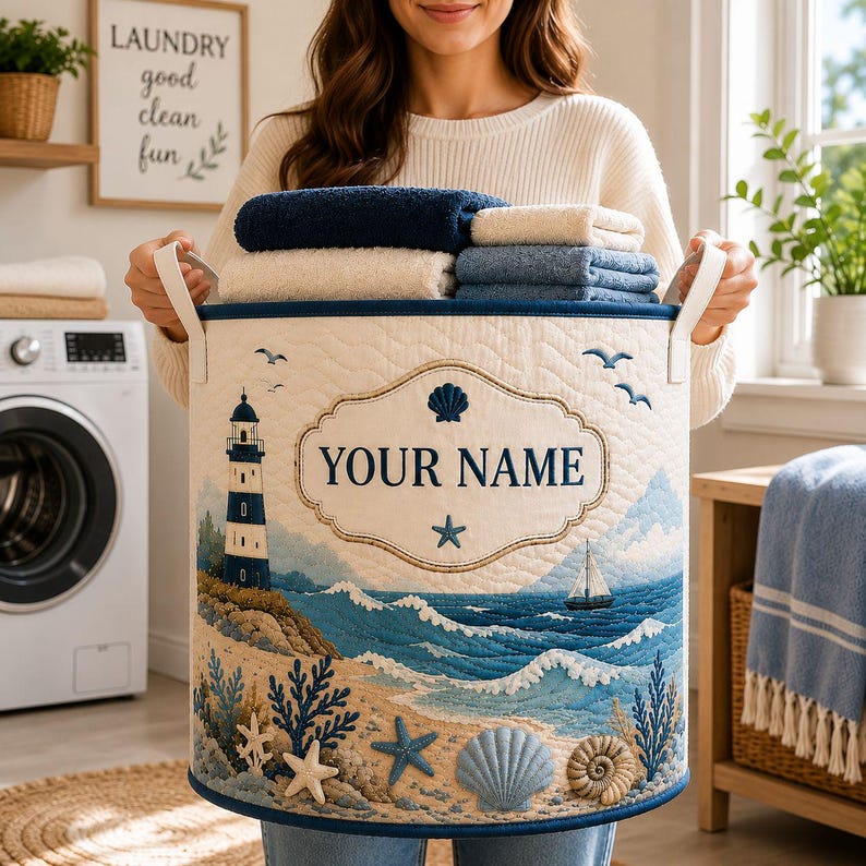 Personalized Nautical Quilt Laundry Basket, Custom Name Lighthouse Hamper, Coastal Ocean Storage Bin