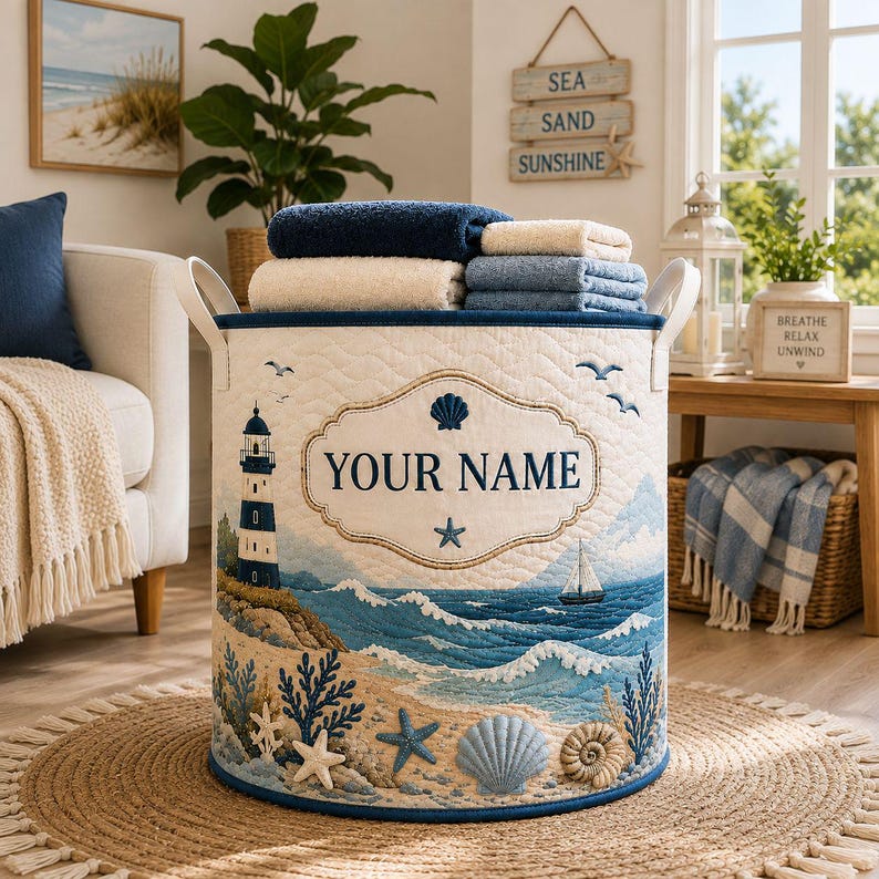 Personalized Nautical Quilt Laundry Basket, Custom Name Lighthouse Hamper, Coastal Ocean Storage Bin