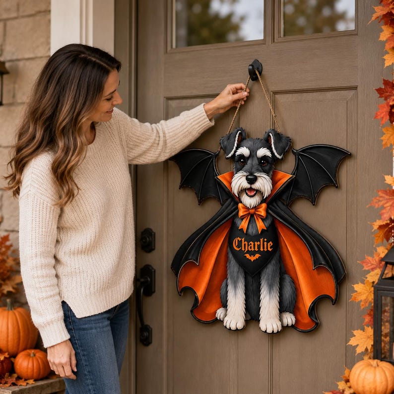 Personalized Halloween Sign, Custom Schnauzer Dog Bat Decor, Unique Gift for Dog Lovers from Family