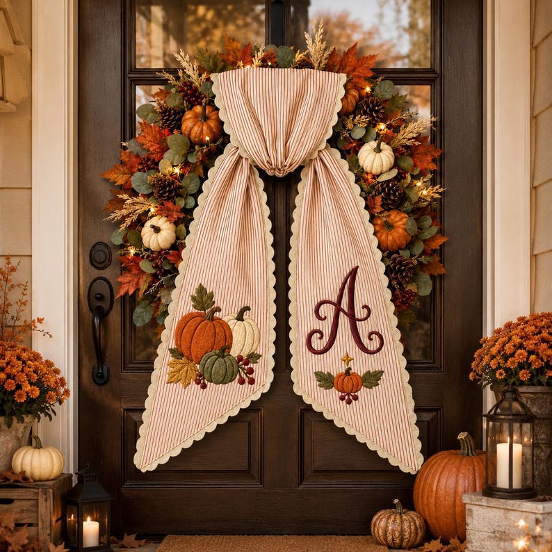 Personalized Fall Wreath Sash, Pumpkin Monogram Door Bow, Embroidered Autumn Wreath Bow, Thanksgiving Front Door Decor