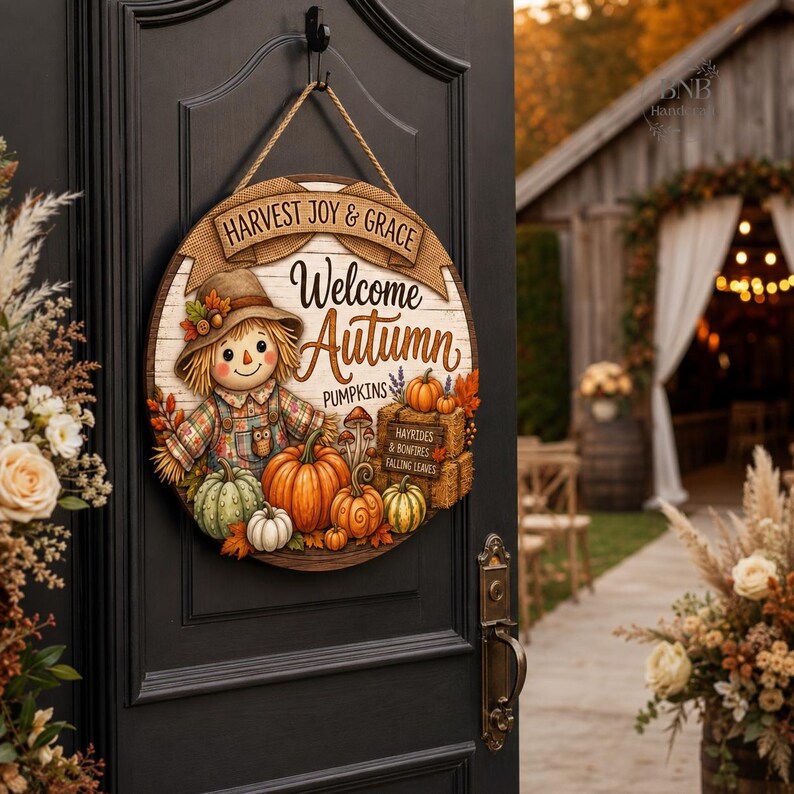 Welcome Autumn Door Hanger, Scarecrow Fall Door Sign, Pumpkin Thanksgiving Decor, Rustic Harvest Front Porch Wood Sign