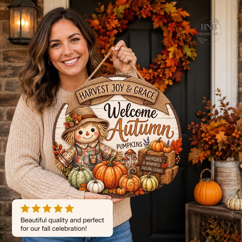 Welcome Autumn Door Hanger, Scarecrow Fall Door Sign, Pumpkin Thanksgiving Decor, Rustic Harvest Front Porch Wood Sign