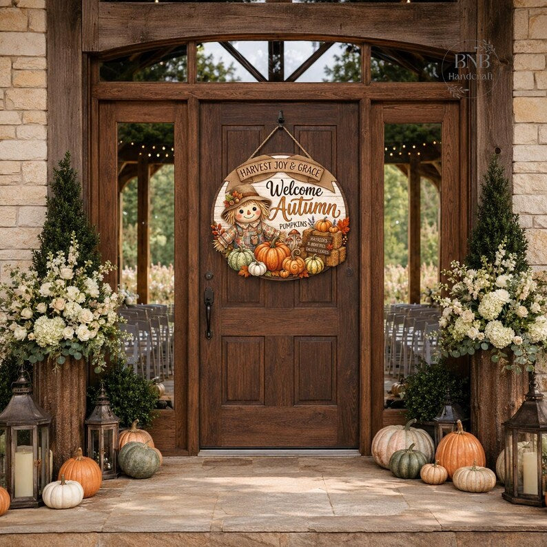 Welcome Autumn Door Hanger, Scarecrow Fall Door Sign, Pumpkin Thanksgiving Decor, Rustic Harvest Front Porch Wood Sign