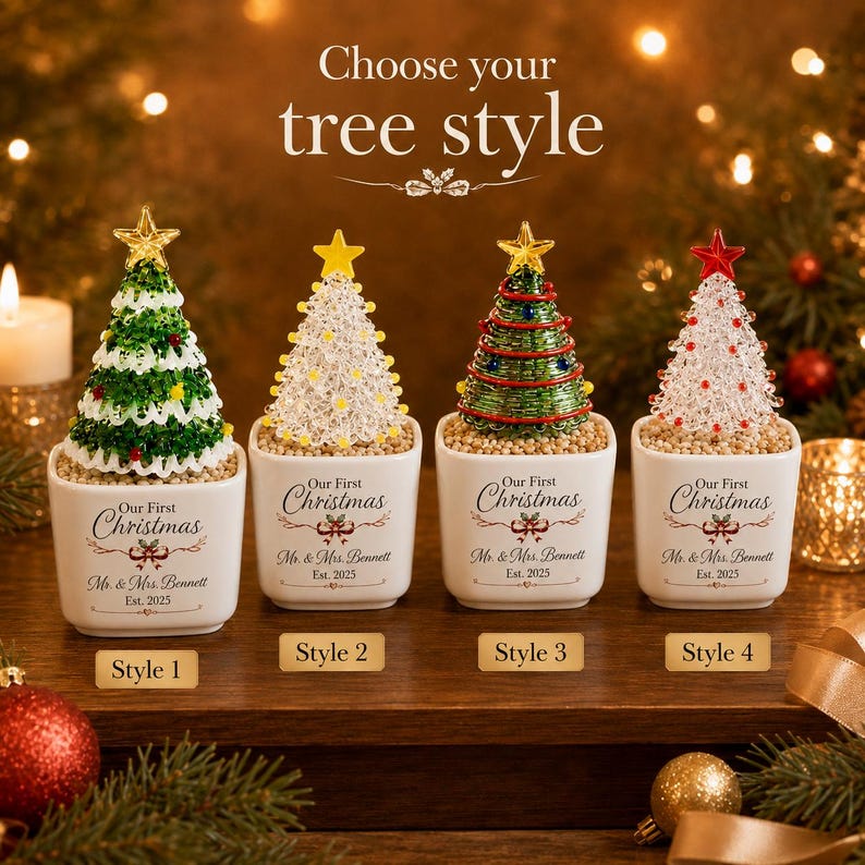 Personalized Ceramic Christmas Tree Pot with Names, First Christmas Table Decor, Gifts for Daughter