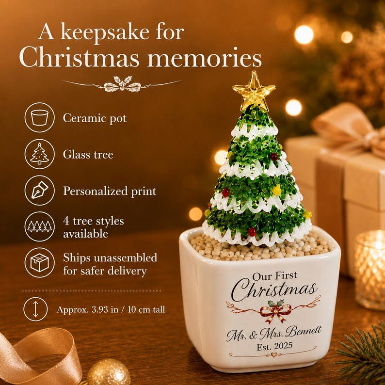 Personalized Ceramic Christmas Tree Pot with Names, First Christmas Table Decor, Gifts for Daughter
