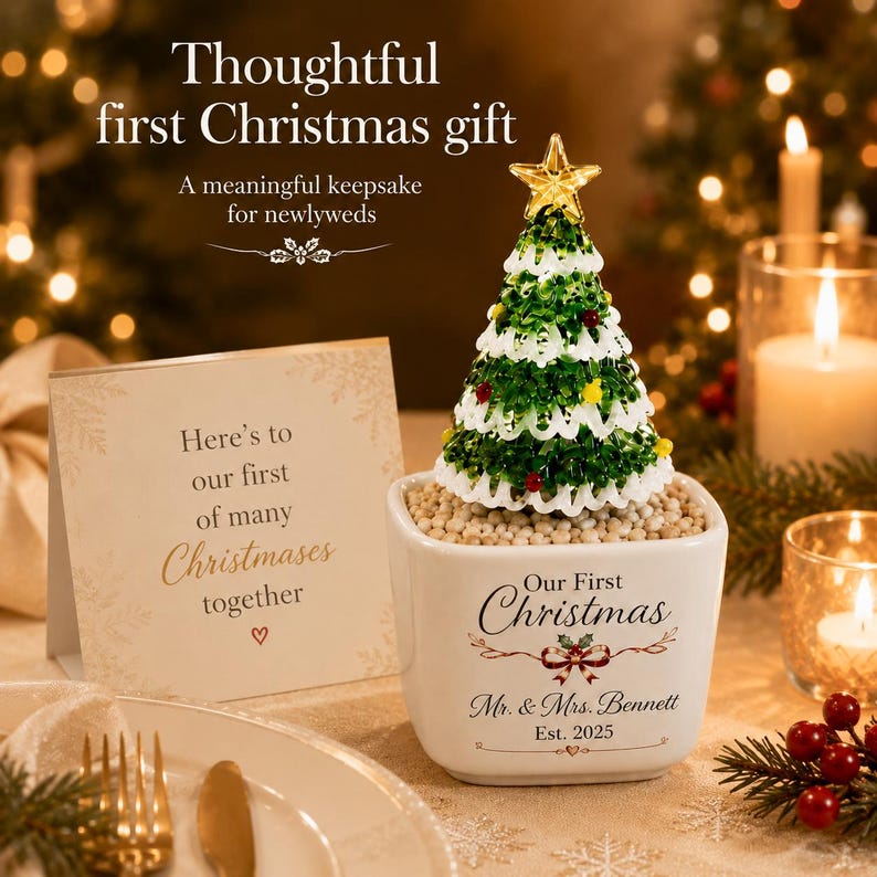 Personalized Ceramic Christmas Tree Pot with Names, First Christmas Table Decor, Gifts for Daughter