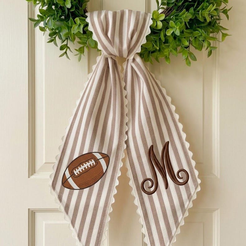 Personalized Football Embroidery Sash, Custom Monogram Fall Wreath Sash, Home Run Season Wreath Bow, Farmhouse Porch Decor