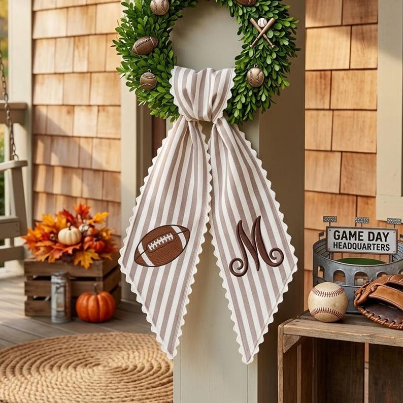 Personalized Football Embroidery Sash, Custom Monogram Fall Wreath Sash, Home Run Season Wreath Bow, Farmhouse Porch Decor