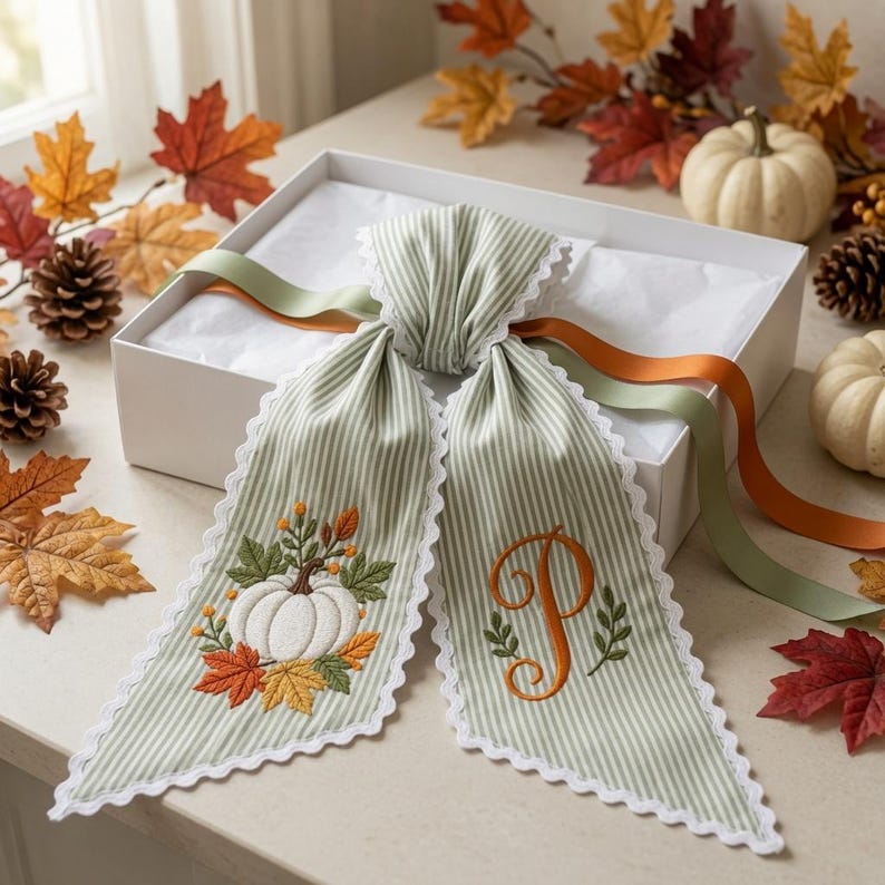 Personalized Pumpkin Wreath Sash, Embroidered Fall Monogram Gingham Door Bow, Thanksgiving Front Door Decor