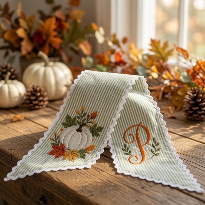 Personalized Pumpkin Wreath Sash, Embroidered Fall Monogram Gingham Door Bow, Thanksgiving Front Door Decor