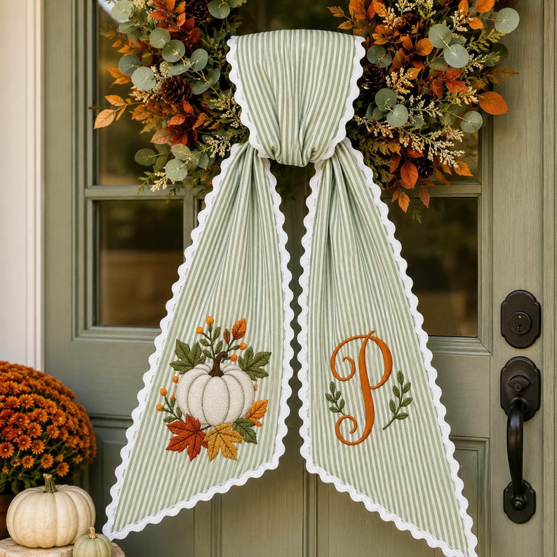 Personalized Pumpkin Wreath Sash, Embroidered Fall Monogram Gingham Door Bow, Thanksgiving Front Door Decor