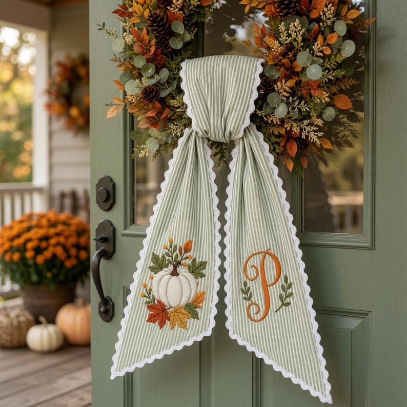 Personalized Pumpkin Wreath Sash, Embroidered Fall Monogram Gingham Door Bow, Thanksgiving Front Door Decor