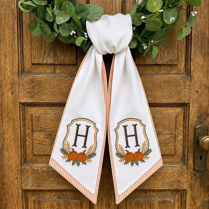 Sash Pumpkin Personalized Holiday Gift, Embroidered Monogrammed Thanksgiving Fall Wreath Sash, Front Door Bow