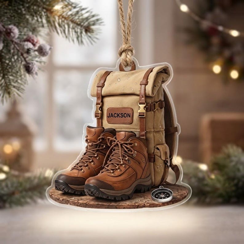 Personalized Hiking Backpack Ornament, Custom Hiker Boots Christmas Decor Keepsake