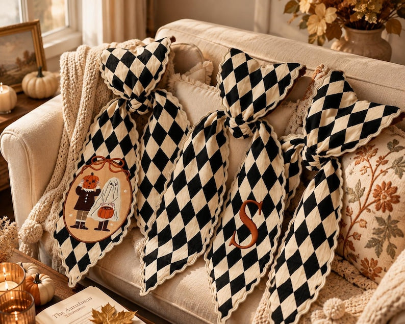 Halloween Harlequin Door Sash, Personalized Monogrammed Front Door Decor, Festive Fall Wreath Bow, Spooky Ghost Pumpkin Hanging