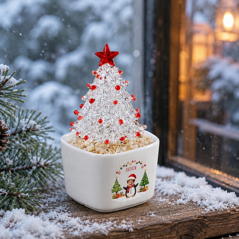 Personalized Mini Glass Christmas Tree in Ceramic Pot, Custom Photo & Name Tabletop Decor