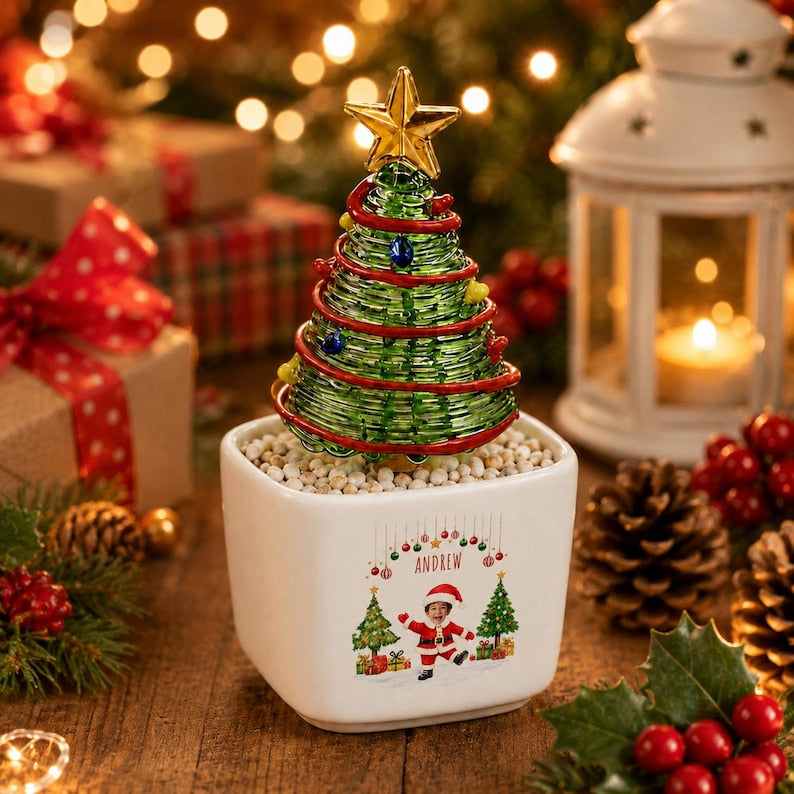 Personalized Mini Glass Christmas Tree in Ceramic Pot, Custom Photo & Name Tabletop Decor