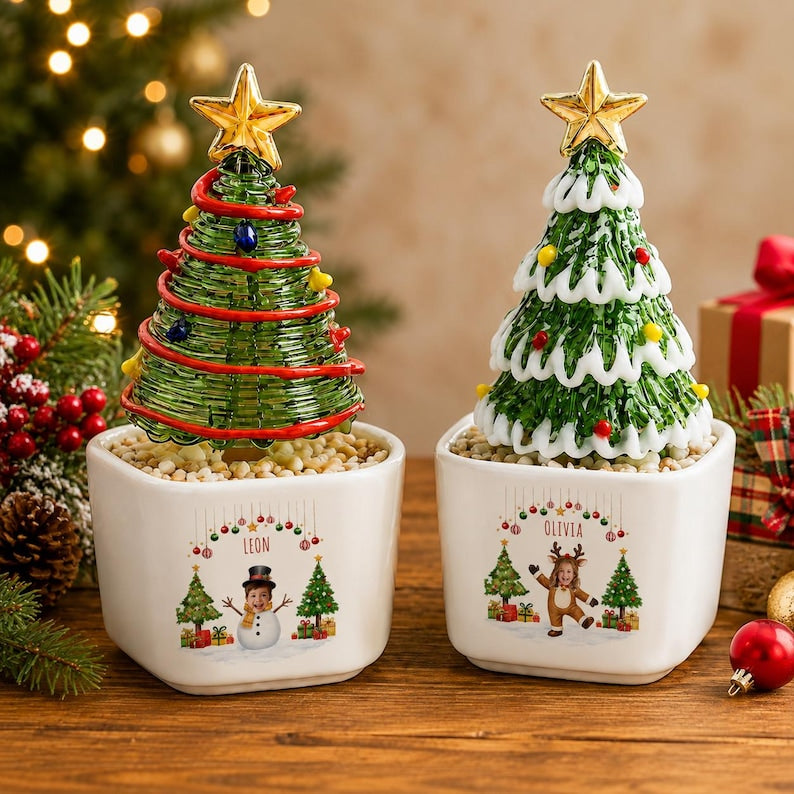 Personalized Mini Glass Christmas Tree in Ceramic Pot, Custom Photo & Name Tabletop Decor