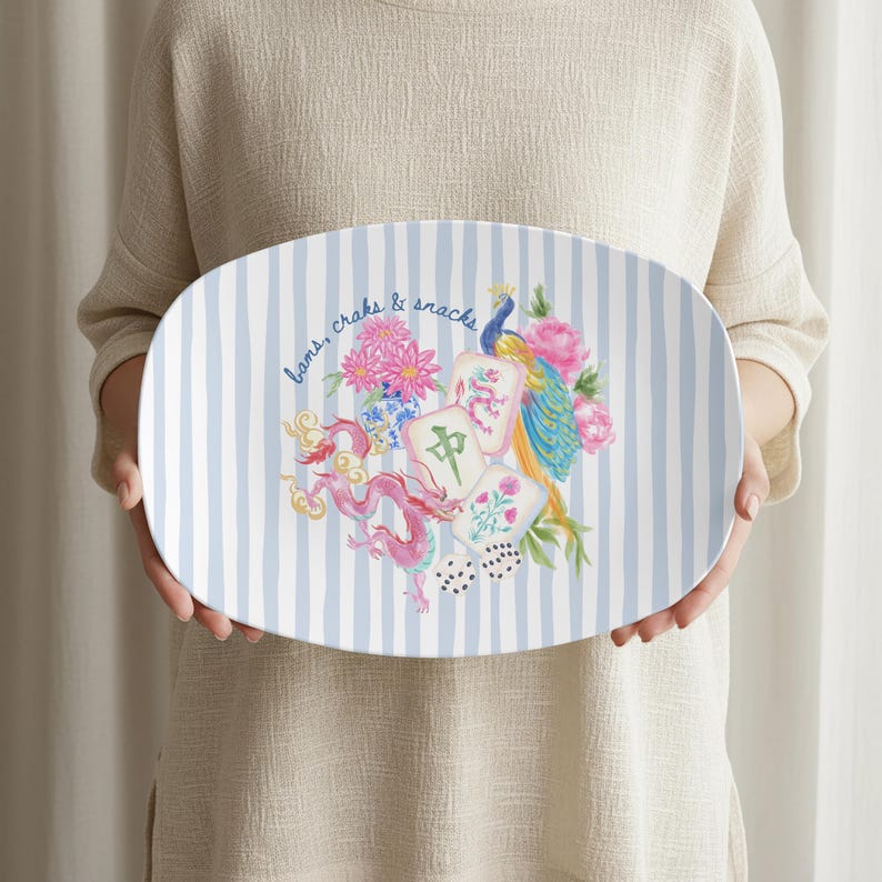 Mahjong Serving Platter, Bams Craks & Snacks, Peacock & Dragon Tray, Blue Stripe Game Night Hostess Gift