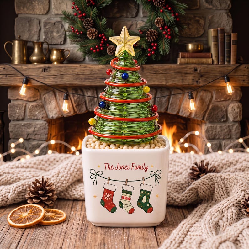 Personalized Family Stocking Glass Christmas Tree in Ceramic Pot, Custom Name Tabletop Xmas Decor