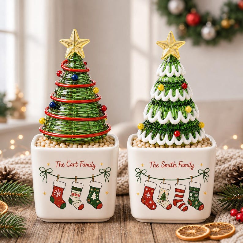 Personalized Family Stocking Glass Christmas Tree in Ceramic Pot, Custom Name Tabletop Xmas Decor