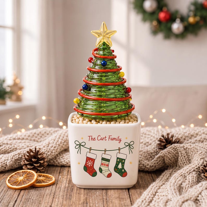 Personalized Family Stocking Glass Christmas Tree in Ceramic Pot, Custom Name Tabletop Xmas Decor