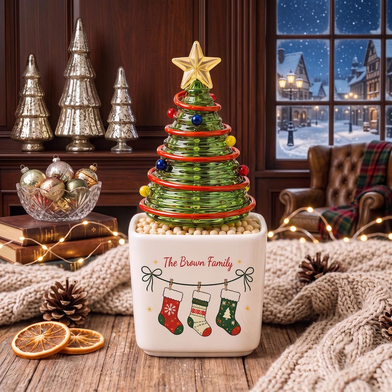 Personalized Family Stocking Glass Christmas Tree in Ceramic Pot, Custom Name Tabletop Xmas Decor