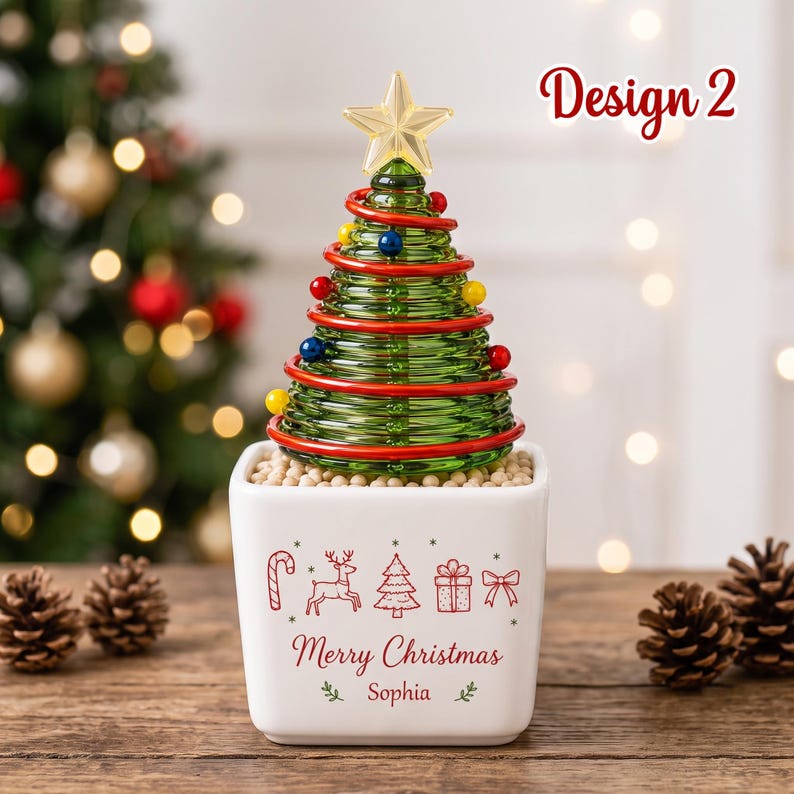 Custom Winter Wonderland Mini Glass Christmas Tree, Personalized Name Ceramic Pot Decor