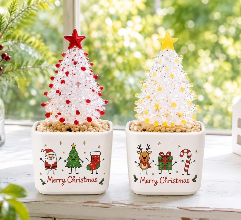 Personalized Santa & Reindeer Glass Christmas Tree Figurine, Custom Ceramic Pot Holiday Table Decor, Cute Xmas Keepsake
