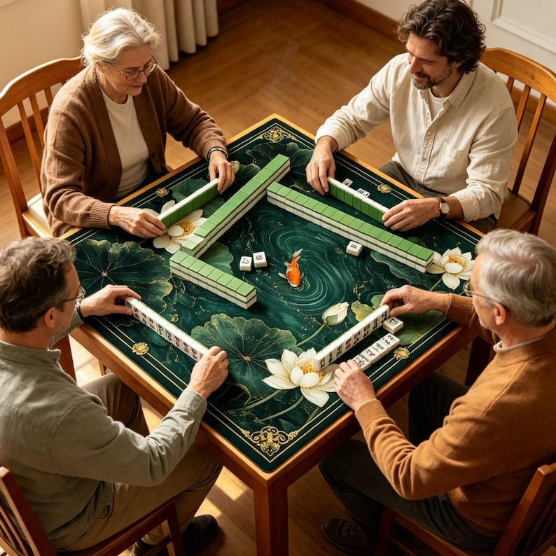 Koi Mahjong Mat, Luxury Lotus Pond Game Mat, Dark Botanical American Mahjong Table Mat, Japanese Garden Mahjong