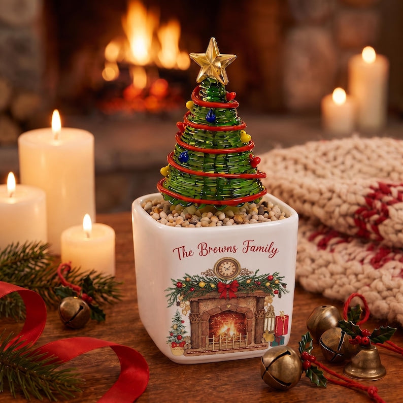 Personalized Fireplace Glass Christmas Tree, Custom Family Name Ceramic Pot, Cozy Winter Holiday Mantel Decor