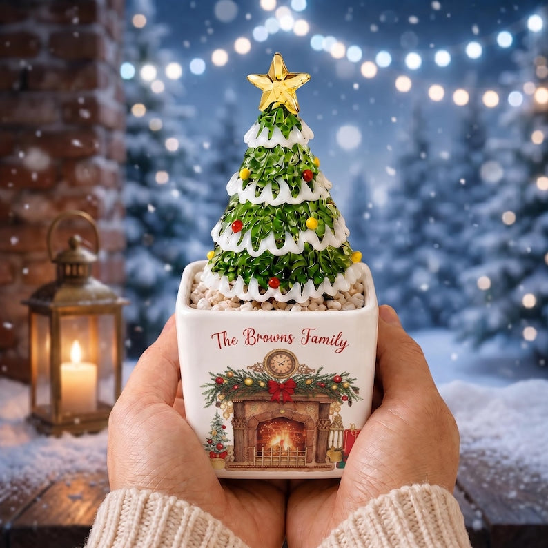 Personalized Fireplace Glass Christmas Tree, Custom Family Name Ceramic Pot, Cozy Winter Holiday Mantel Decor