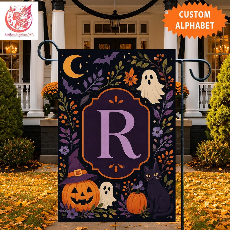 Personalized Halloween Garden Flag, Spooky Pumpkin Ghost Black Cat Monogram Yard Decor