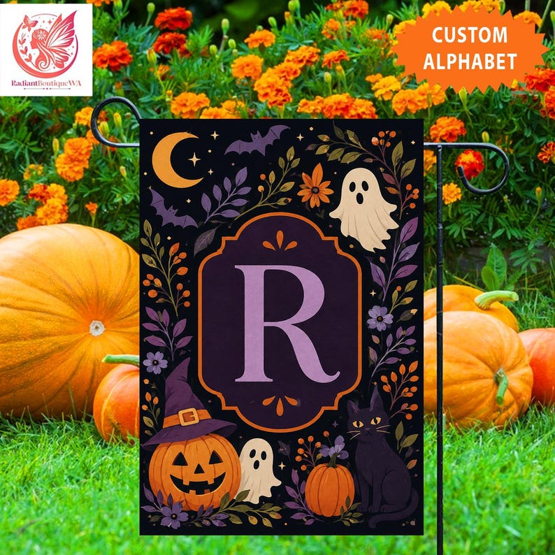 Personalized Halloween Garden Flag, Spooky Pumpkin Ghost Black Cat Monogram Yard Decor