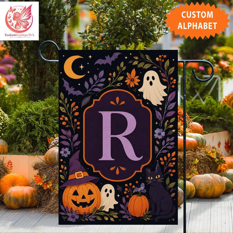 Personalized Halloween Garden Flag, Spooky Pumpkin Ghost Black Cat Monogram Yard Decor