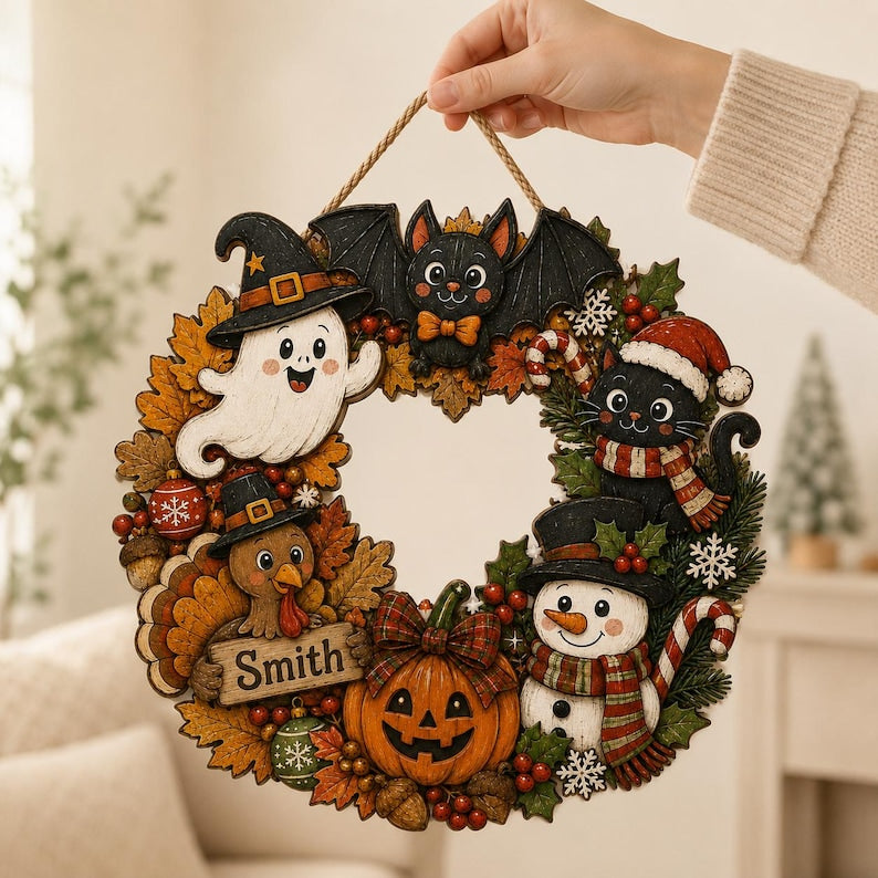 Personalized Hallothanksmas Door Wreath, Halloween Thanksgiving Christmas Decor, Custom Family Name Front Door Hanger