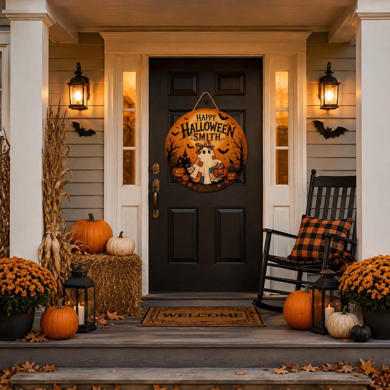 Personalized Halloween Door Sign, Custom Family Name Ghost Door Hanger, Spooky Pumpkin Wood Sign