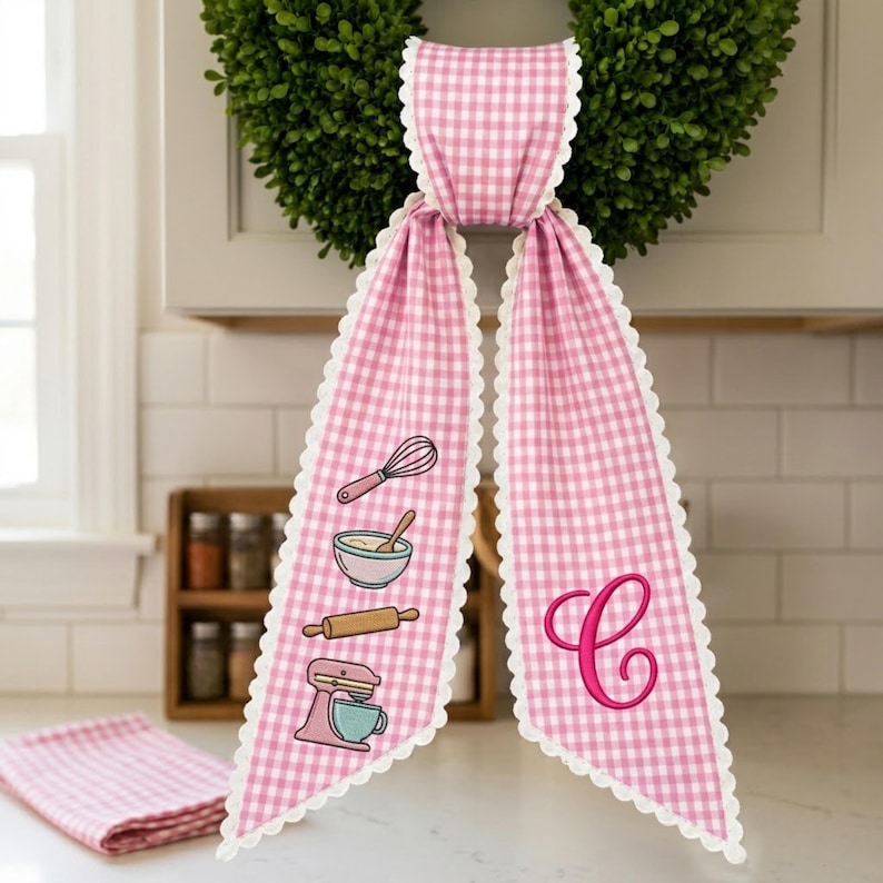 Personalized Baking Wreath Sash, Pink Gingham Embroidered Kitchen Door Bow, Custom Monogram Baker Gift