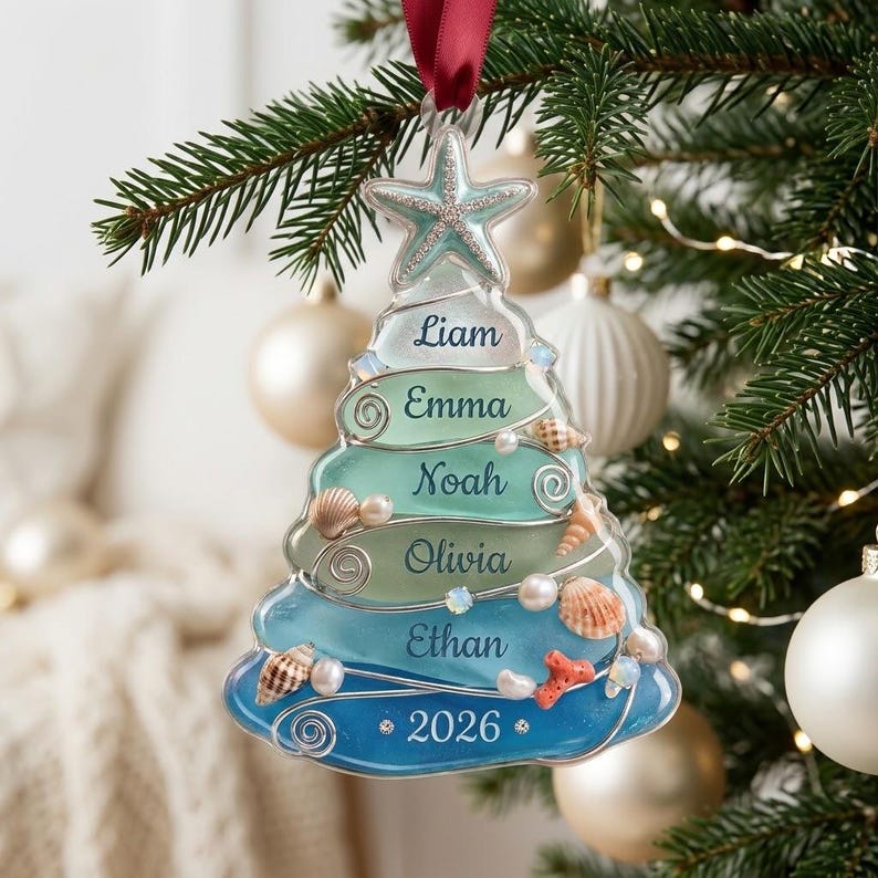 Personalized Sea Glass Tree Acrylic Ornament, Custom Family Name Christmas Keepsake, Coastal Beach Holiday Decor