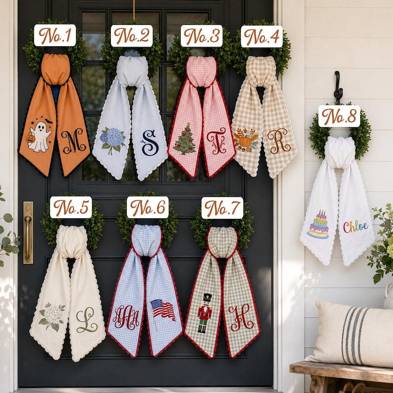 Custom Embroidered All Season Wreath Sash, Holiday & Everyday Door Decor, Birthday 4th July Xmas Halloween Sash