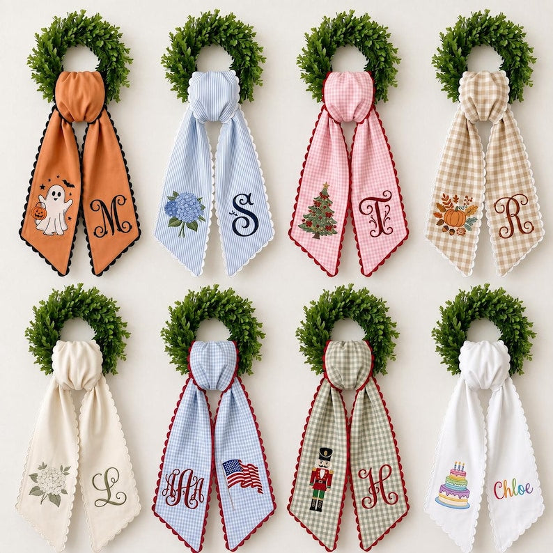 Custom Embroidered All Season Wreath Sash, Holiday & Everyday Door Decor, Birthday 4th July Xmas Halloween Sash
