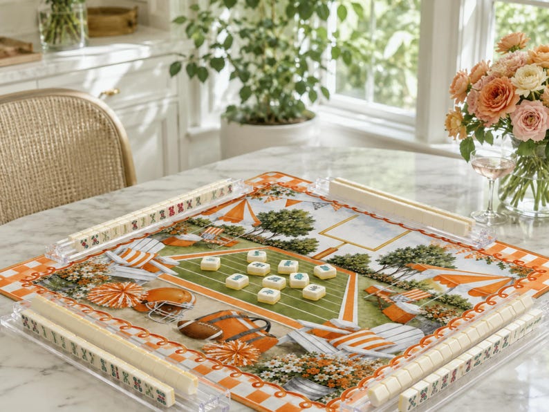 Football Mahjong Mat, Red White Sports Mahjong Mat, Game Table Mat, Football Fan Gift