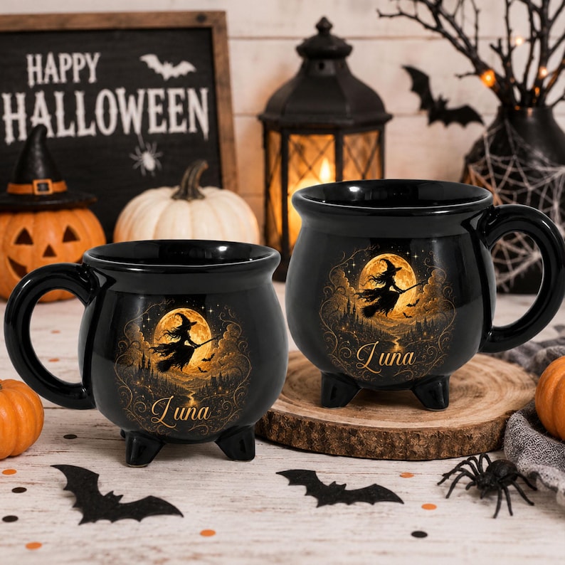 Personalized Witch Cauldron Ceramic Mug, Custom Name Witch Coffee Mug, Halloween Mug, Witch Lover Gift