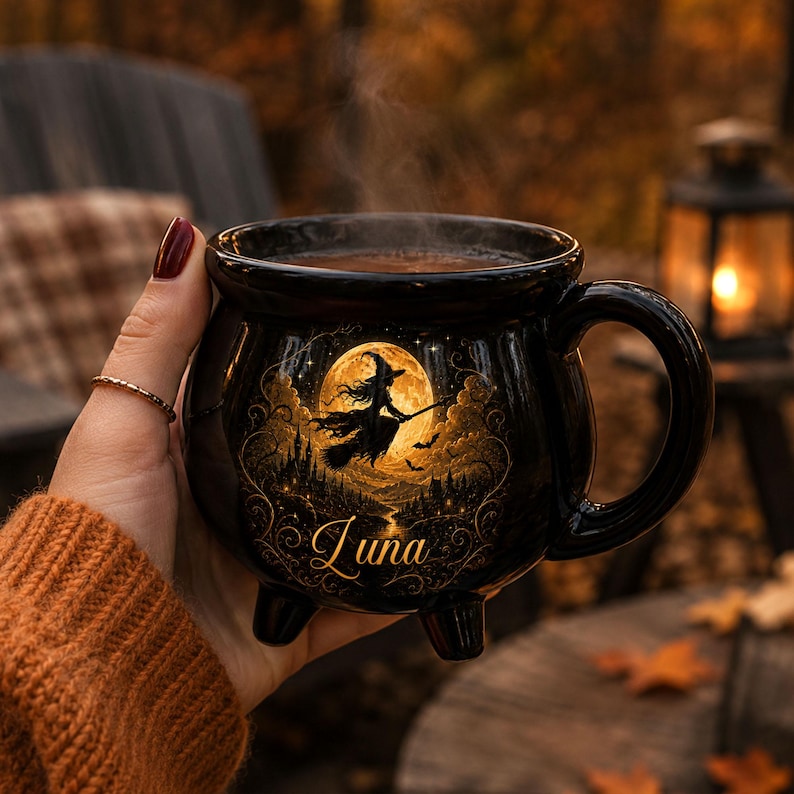 Personalized Witch Cauldron Ceramic Mug, Custom Name Witch Coffee Mug, Halloween Mug, Witch Lover Gift