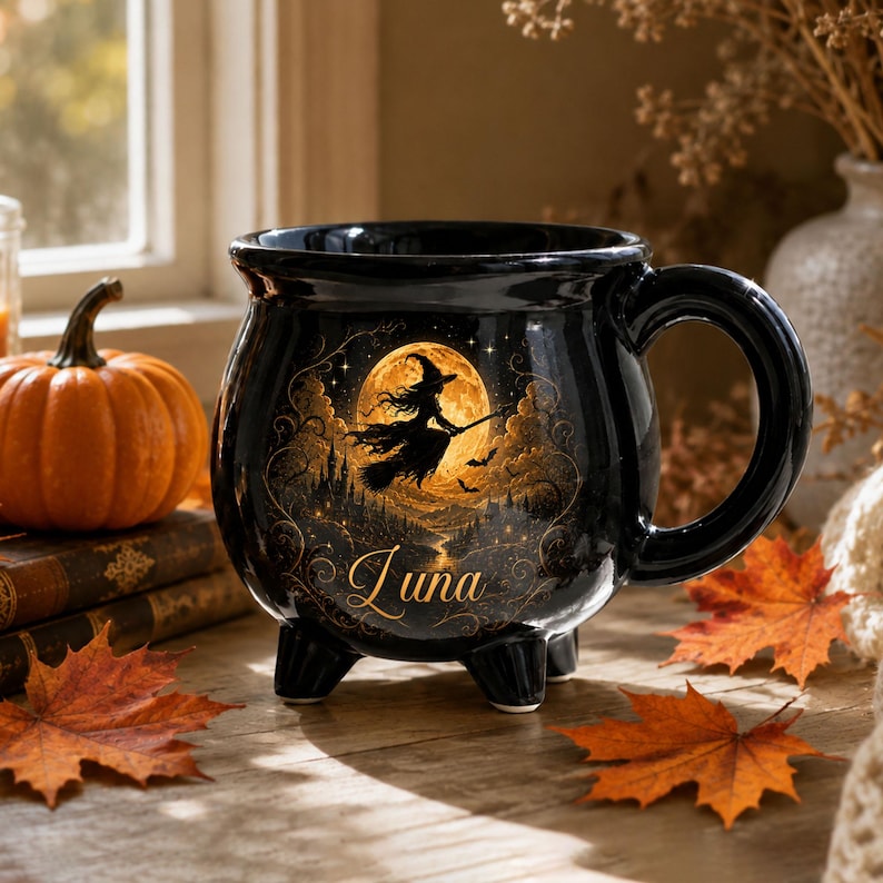 Personalized Witch Cauldron Ceramic Mug, Custom Name Witch Coffee Mug, Halloween Mug, Witch Lover Gift
