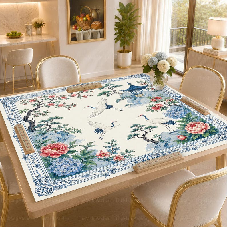 Blue and White Crane Mahjong Mat, Chinoiserie Hydrangea American Mahjong Game Mat